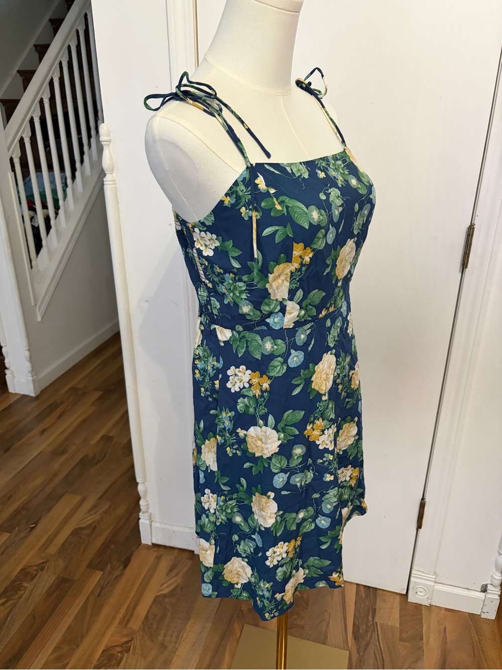 Navy Yellow Roses Floral Tie-Shoulder Mini Dress, NWT, Medium